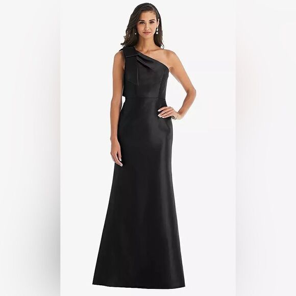 Alfred Sung Bow One-Shoulder Satin Trumpet Gown | Size 4 | Black - Picture 1 of 14